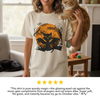 Spooky Cat Bat Halloween T-Shirt Comfort Colors Soft Cozy Fall Outfit Gift for Cat Lover Spooky Moon Fall Clothing Trick or Treat Shirt Gift