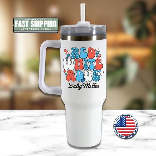40oz Patriotic Tumbler Red, White and Due Personalized Tumbler USA Mug w/ Lid & Straw Custom Maternity Must-Have July 4th Baby Tumbler Gift