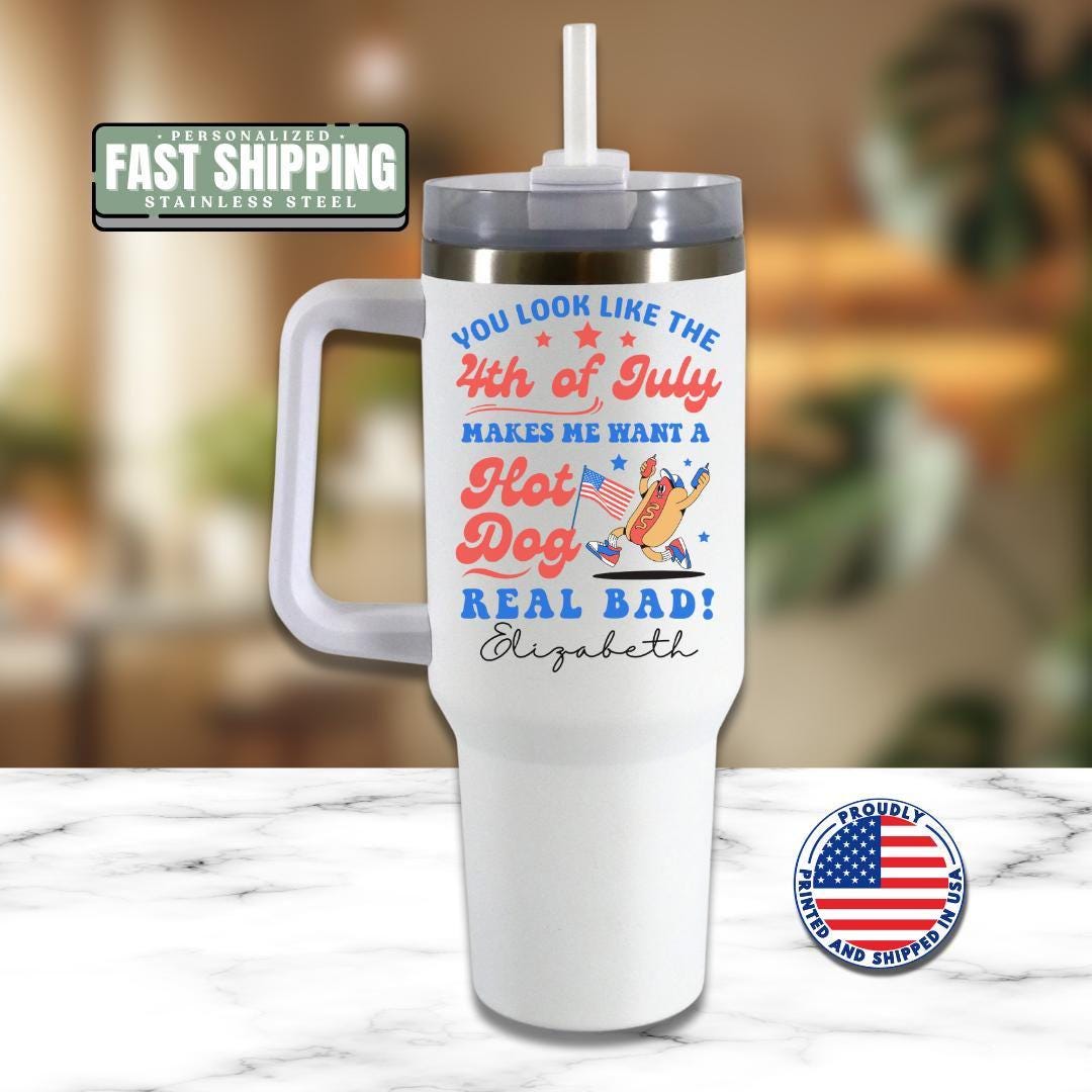 4th of July Hot Dog Personalized Tumbler 40 oz USA Mug w/ Lid & Straw Custom Patriotic Iced Coffee Travel Cup BBQ Mug Perfect Tumbler Gift