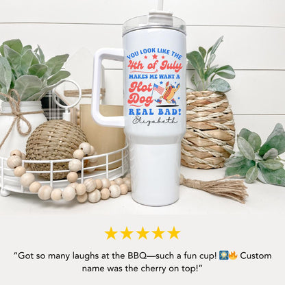 4th of July Hot Dog Personalized Tumbler 40 oz USA Mug w/ Lid & Straw Custom Patriotic Iced Coffee Travel Cup BBQ Mug Perfect Tumbler Gift