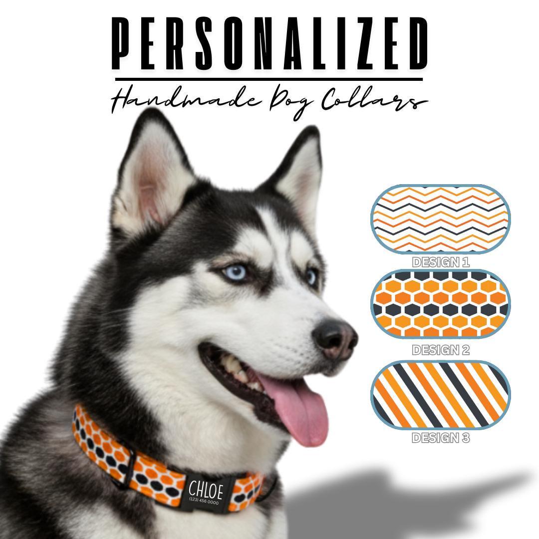 Personalized Chevron Stripes Honeycomb Dog Collar with Name Engraved Cute and Soft Adjustable Collar & Leash Set Pet Tag Dog Gift (OG-142)