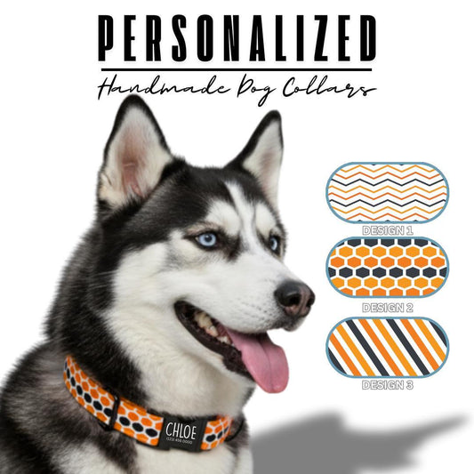 Personalized Chevron Stripes Honeycomb Dog Collar with Name Engraved Cute and Soft Adjustable Collar & Leash Set Pet Tag Dog Gift (OG-142)
