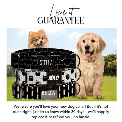 Personalized Spooky Season Dog Collar with Name Engraved Cute and Soft Adjustable Collar & Leash Set Black or Gold Buckle Dog Gift (OG-125)