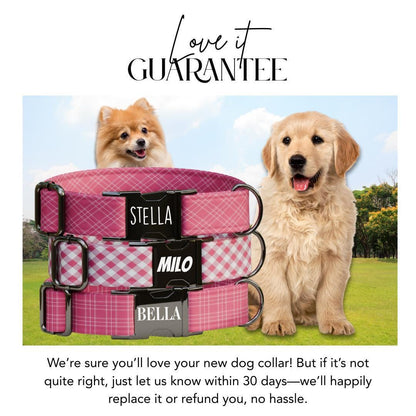 Personalized Pink Checkered Dog Collar with Name Engraved, Cute and Soft Adjustable Collar & Leash Set Black or Gold Buckle Dog Gift (OG-29)