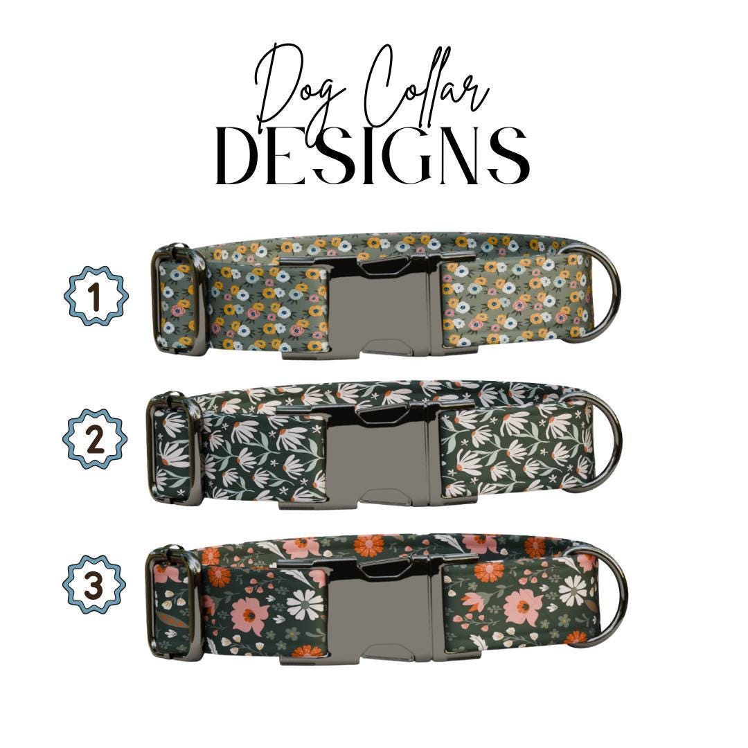 Personalized Green Floral Dog Collar with Name Engraved, Cute and Soft Adjustable Collar & Leash Set, Black or Gold Buckle Dog Gift (OG-17)