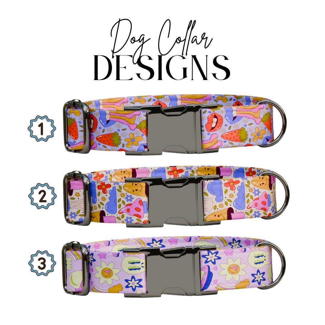 Personalized Retro Groovy Dog Collar with Name Engraved Cute & Soft Adjustable Collar Leash Set, Unique Funky Print Dog Tag Gift (OG-75)