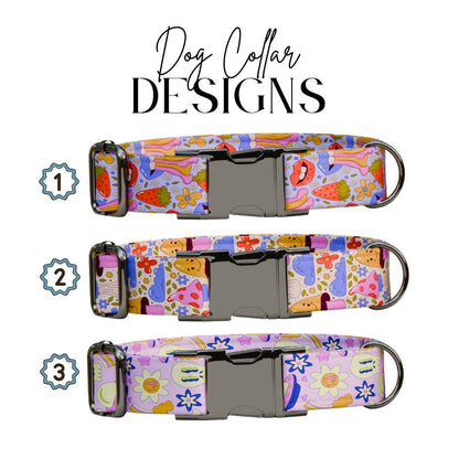 Personalized Retro Groovy Dog Collar with Name Engraved Cute & Soft Adjustable Collar Leash Set, Unique Funky Print Dog Tag Gift (OG-75)