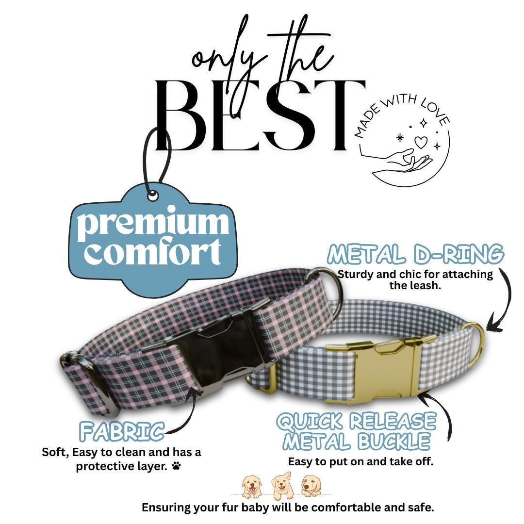Personalized Gingham Fabric Dog Collar with Name Engraved, Cute and Soft Adjustable Collar & Leash Set Black or Gold Buckle Dog Gift (OG-21)