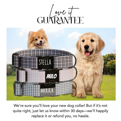 Personalized Gingham Fabric Dog Collar with Name Engraved, Cute and Soft Adjustable Collar & Leash Set Black or Gold Buckle Dog Gift (OG-21)