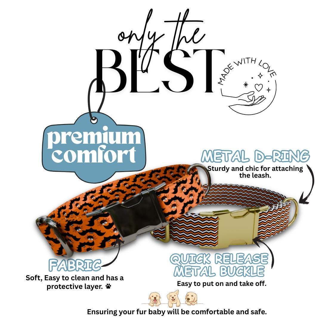 Personalized Halloween Dog Collar with Name Engraved, Cute and Soft Adjustable Fall Collar & Leash Set Black or Gold Buckle Dog Gift (OG-30)