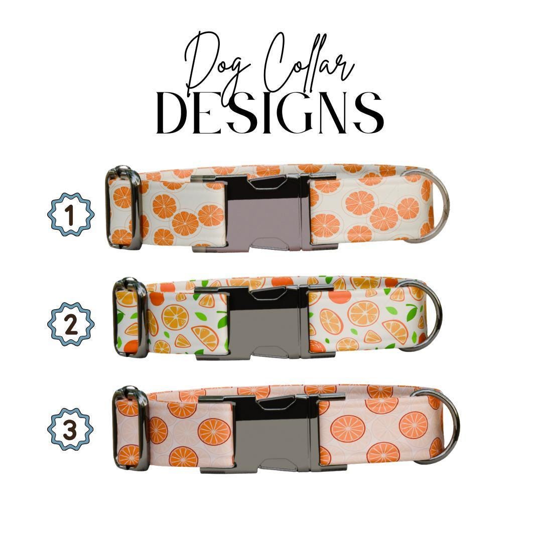 Personalized Orange Dog Collar with Name Engraved Cute & Soft Citrus Adjustable Collar Leash Set Unique Fun Fruit Print Dog Tag Gift (OG-69)