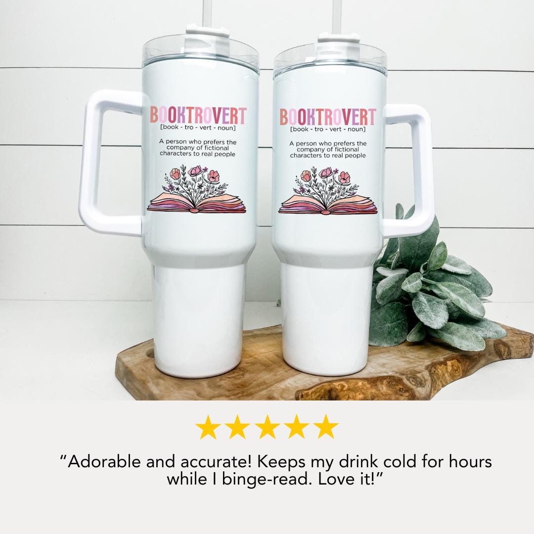 Booktrovert 40oz Tumbler Book Lover Cup with Straw & Handle Gift for Book Lovers Bookish Gift Idea Cute Reading Travel Mug for Bookworms