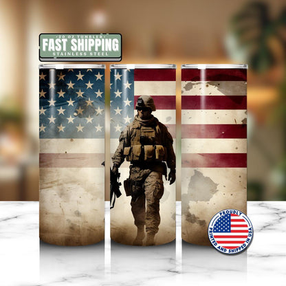 US Patriotic Soldier Tumbler 20oz Skinny Tumbler American Flag Military Gift Military Soldier Tumbler Patriotic Gift for Military Men Women