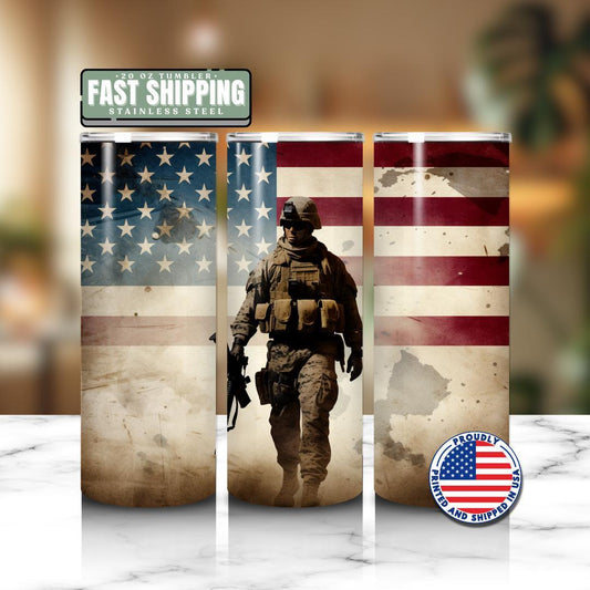 US Patriotic Soldier Tumbler 20oz Skinny Tumbler American Flag Military Gift Military Soldier Tumbler Patriotic Gift for Military Men Women