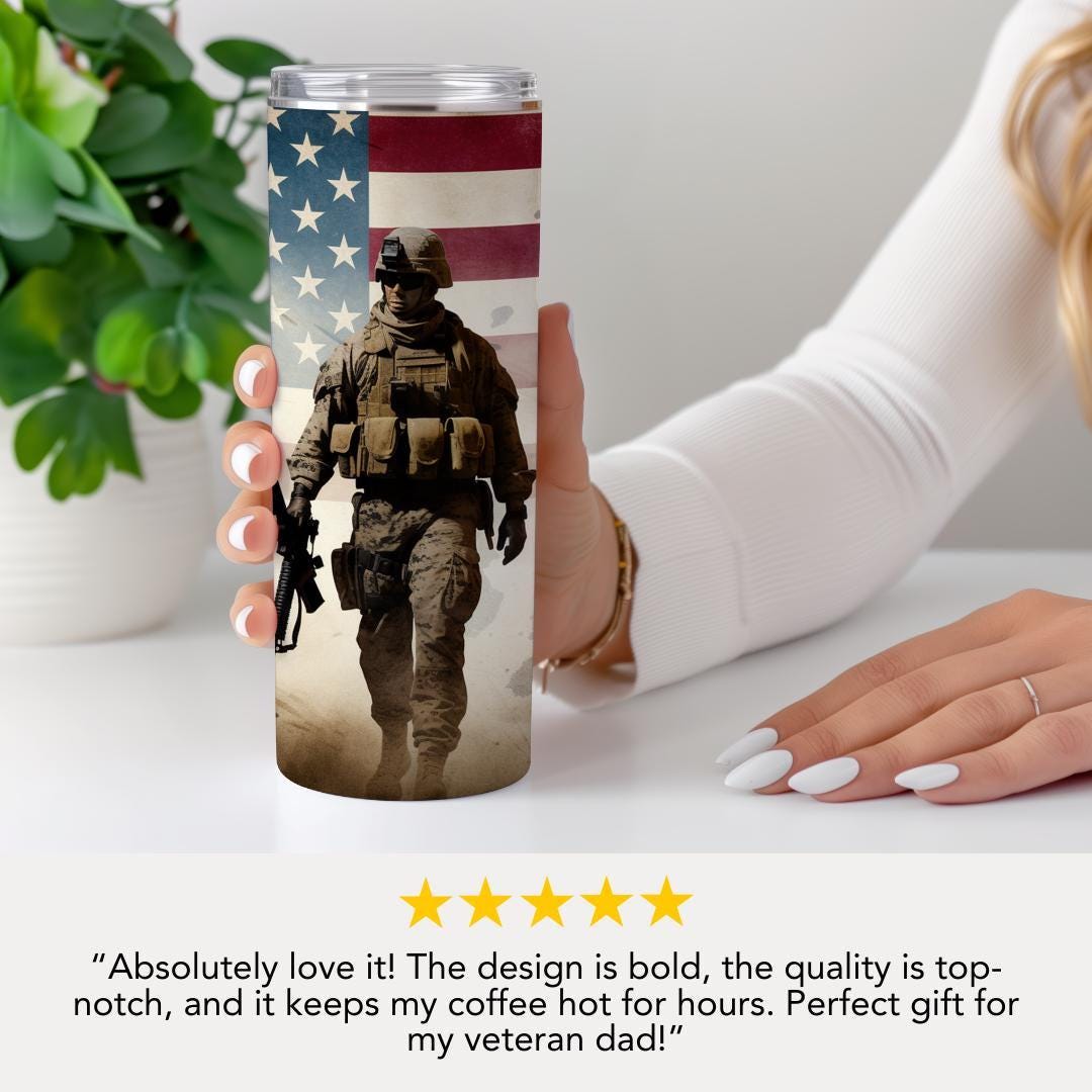 US Patriotic Soldier Tumbler 20oz Skinny Tumbler American Flag Military Gift Military Soldier Tumbler Patriotic Gift for Military Men Women