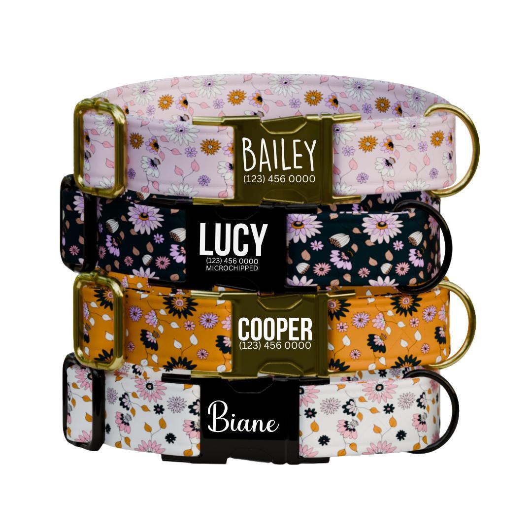 Personalized Floral Dog Collar with Name Engraved Cute and Soft Floral Adjustable Collar & Leash Set Black or Gold Buckle Dog Gift (OG-148)