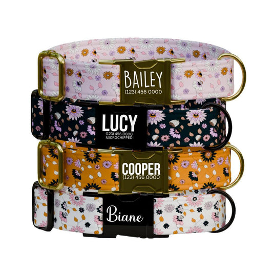 Personalized Floral Dog Collar with Name Engraved Cute and Soft Floral Adjustable Collar & Leash Set Black or Gold Buckle Dog Gift (OG-148)