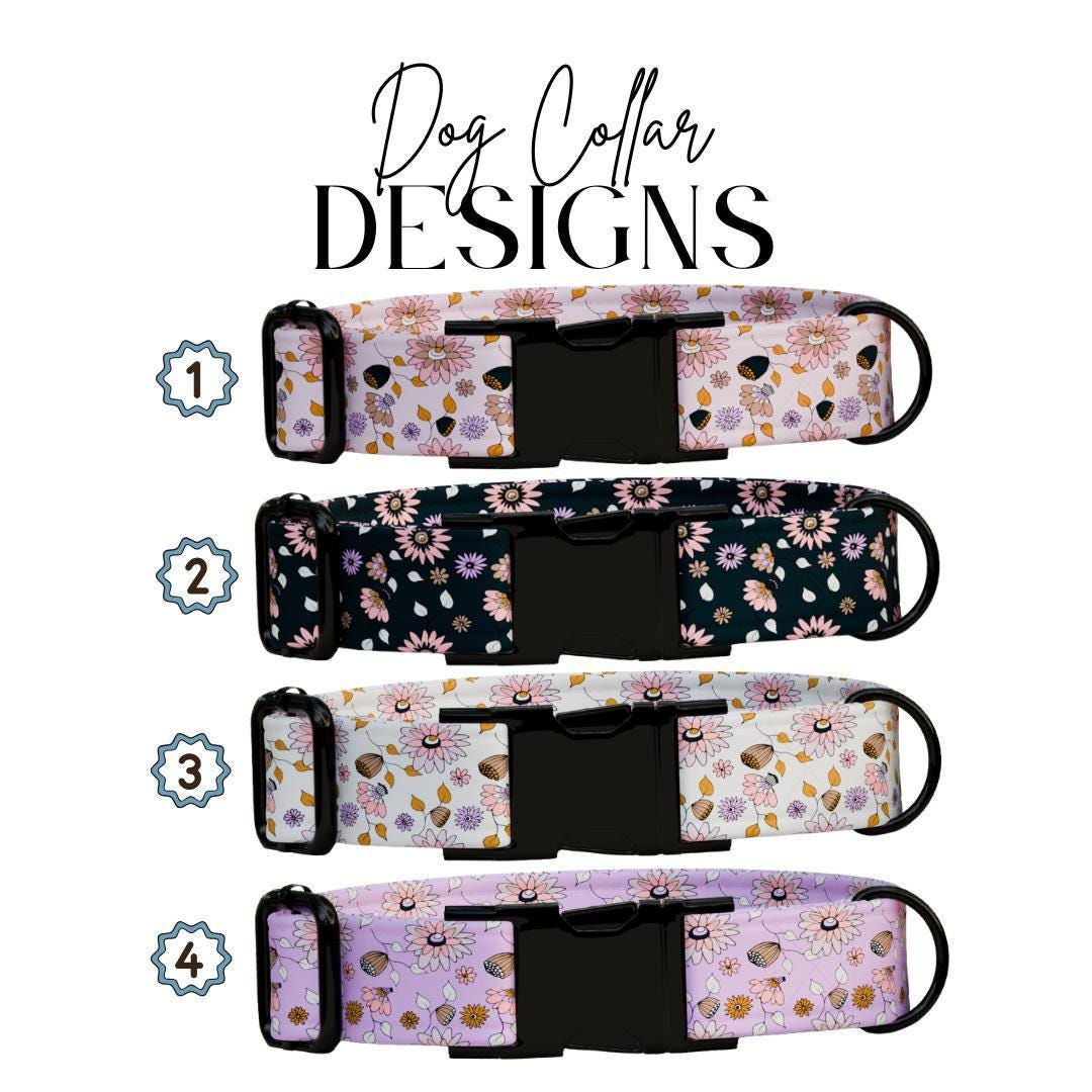 Personalized Floral Dog Collar with Name Engraved Cute and Soft Floral Adjustable Collar & Leash Set Black or Gold Buckle Dog Gift (OG-149)