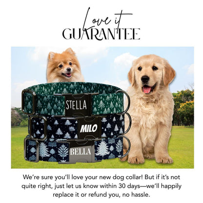 Personalized Winter Pines Dog Collar with Name Engraved, Cute and Soft Adjustable Collar & Leash Set, Forest Tree Design, Dog Gift (OG-58)