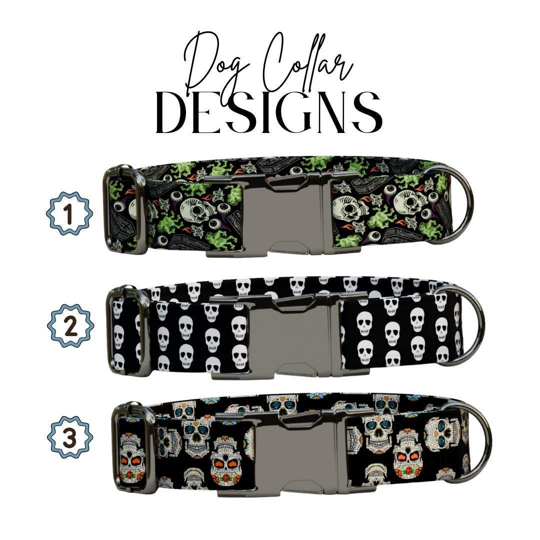 Personalized Skeleton Dog Collar with Name Engraved Cute and Soft Skull Adjustable Collar & Leash Set Black or Gold Buckle Dog Gift (OG-95)