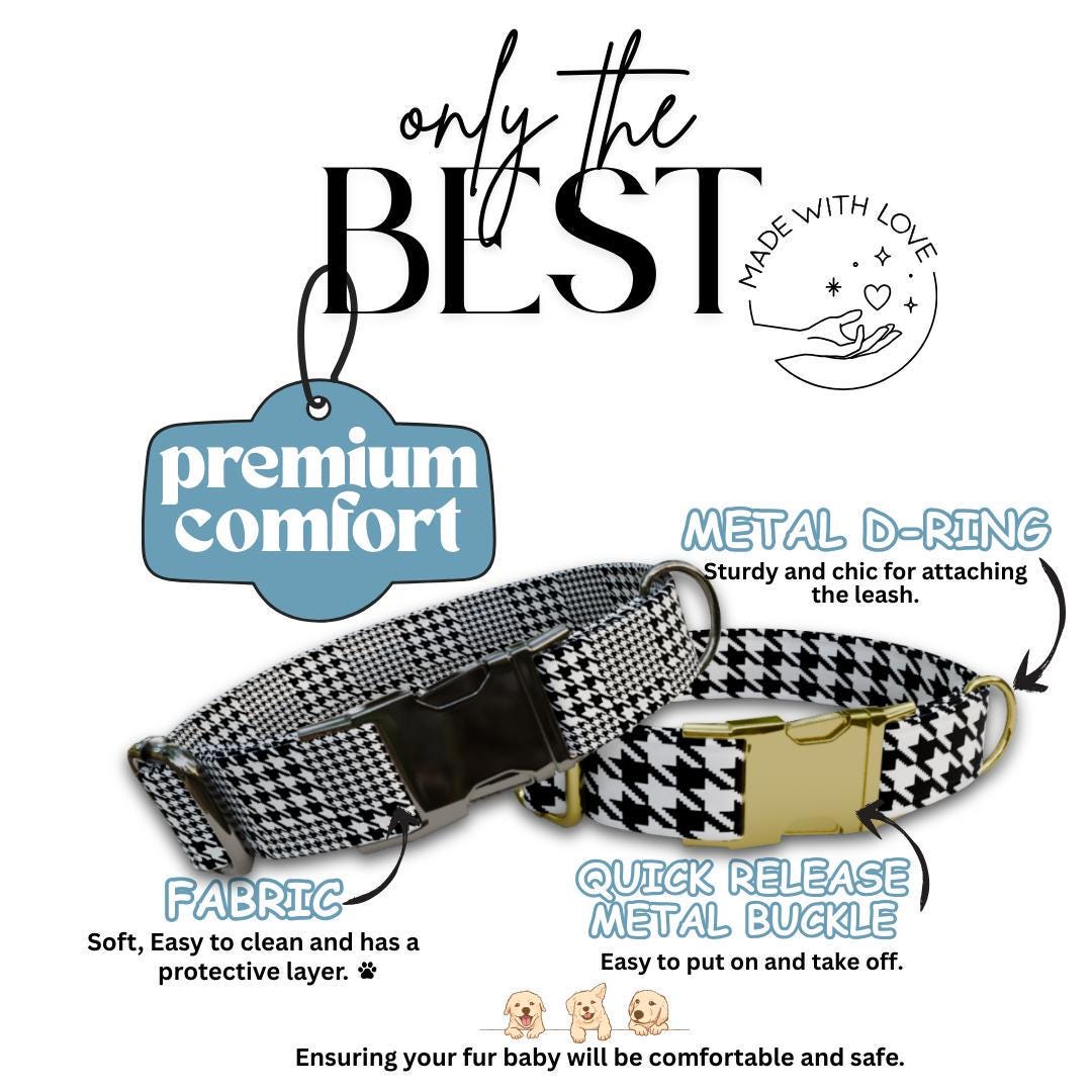 Personalized Houndstooth Dog Collar with Name Engraved, Cute and Soft Adjustable Collar & Leash Set, Black or Gold Buckle Dog Gift (OG-97)