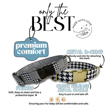 Personalized Houndstooth Dog Collar with Name Engraved, Cute and Soft Adjustable Collar & Leash Set, Black or Gold Buckle Dog Gift (OG-97)