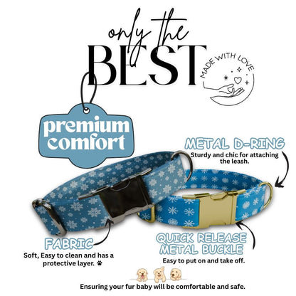 Personalized Blue Snowflakes Dog Collar with Name Engraved Cute and Soft Adjustable Collar & Leash Set Black or Gold Buckle Dog Gift (OG-06)