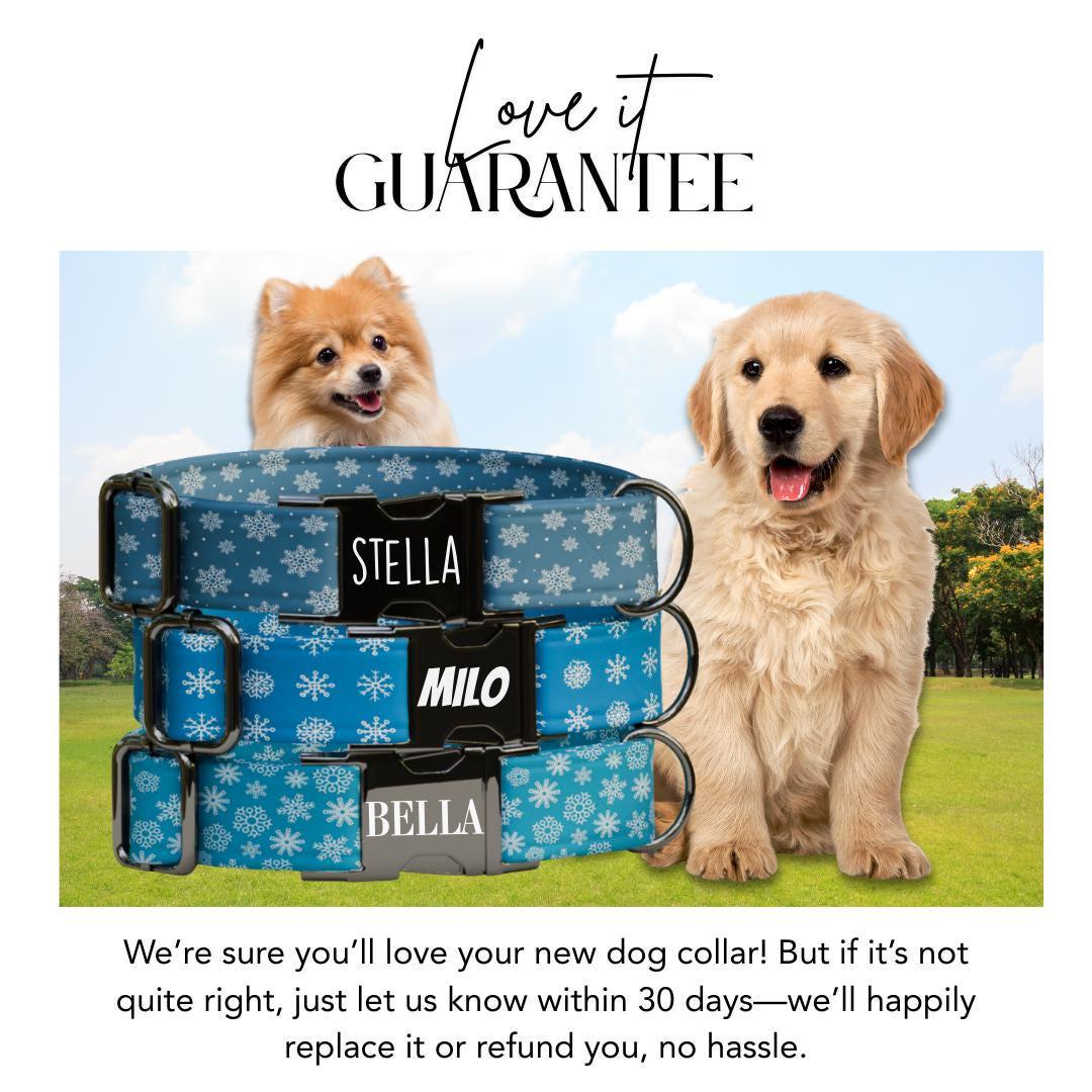 Personalized Blue Snowflakes Dog Collar with Name Engraved Cute and Soft Adjustable Collar & Leash Set Black or Gold Buckle Dog Gift (OG-06)