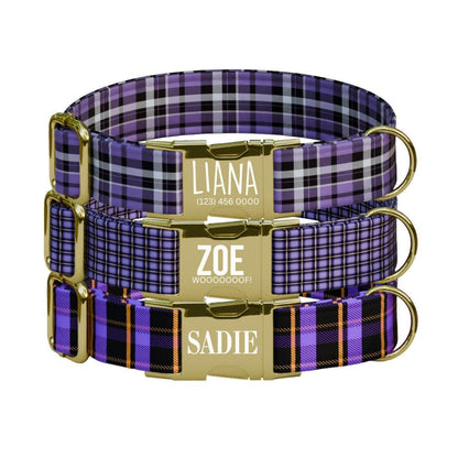 Personalized Purple Plaid Dog Collar with Name Engraved, Cute and Soft Adjustable Collar & Leash Set Black or Gold Buckle Dog Gift (OG-36)