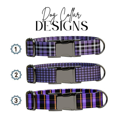 Personalized Purple Plaid Dog Collar with Name Engraved, Cute and Soft Adjustable Collar & Leash Set Black or Gold Buckle Dog Gift (OG-36)
