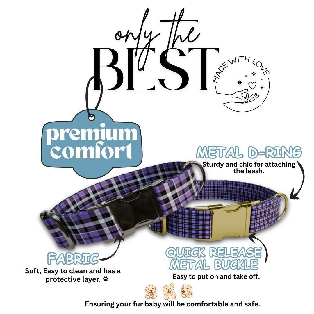 Personalized Purple Plaid Dog Collar with Name Engraved, Cute and Soft Adjustable Collar & Leash Set Black or Gold Buckle Dog Gift (OG-36)