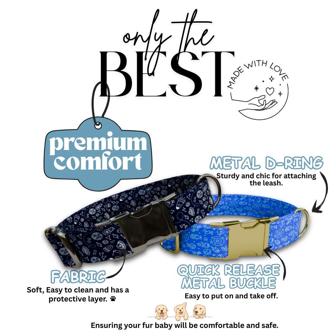 Personalized Space Rockets Dog Collar with Name Engraved Cute & Soft Adjustable Collar Leash Set Unique Astronaut Pet Dog Tag Gift (OG-76)