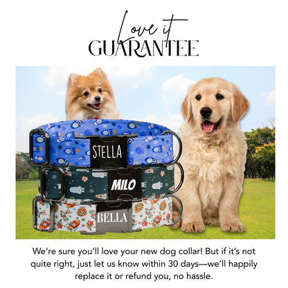 Personalized Space Rockets Dog Collar with Name Engraved Cute & Soft Adjustable Collar Leash Set Unique Astronaut Pet Dog Tag Gift (OG-74)