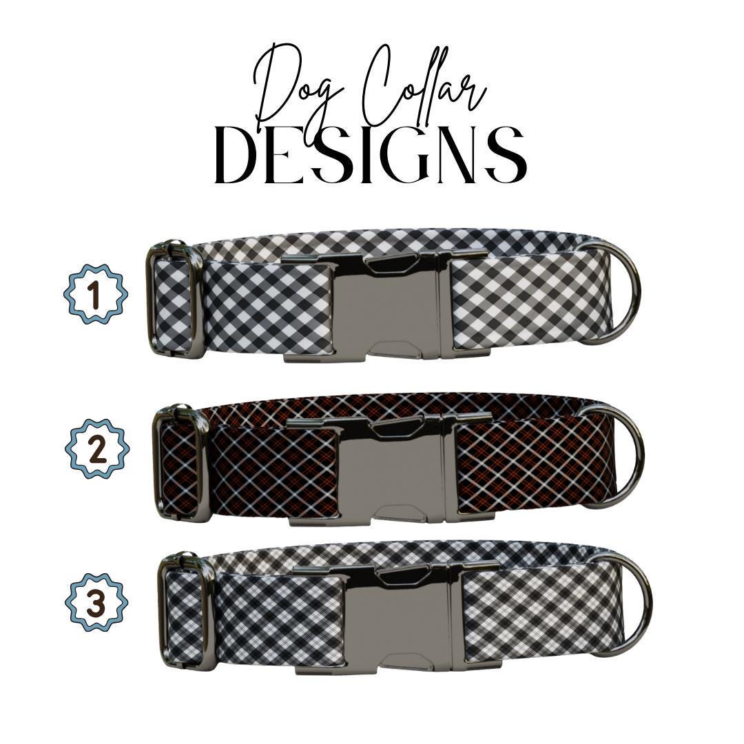 Personalized Chic Pup Plaid Dog Collar with Name Engraved, Cute and Soft Adjustable Collar & Leash Set Black or Gold Buckle Dog Gift (OG-41)