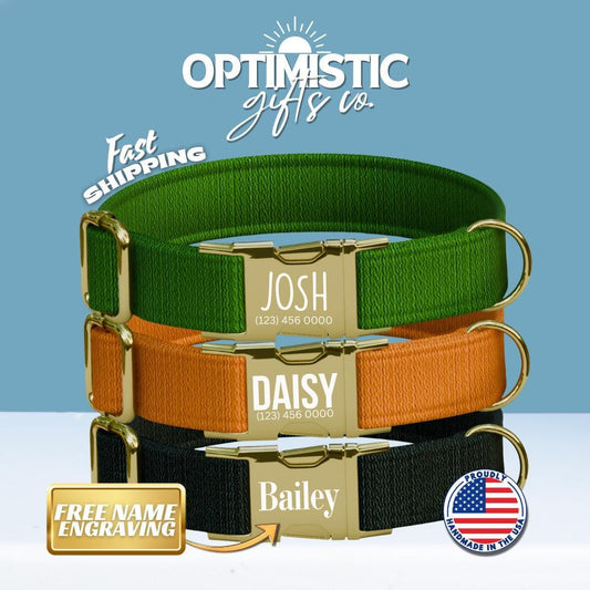 Personalized Rustic Plain Dog Collar with Name Engraved, Cute and Soft Adjustable Collar & Leash Set, Black or Gold Buckle Dog Gift (OG-14)