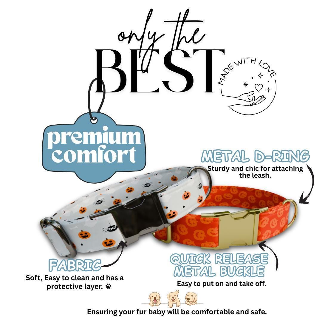 Personalized Halloween Dog Collar with Name Engraved Cute and Soft Fall Adjustable Collar & Leash Set Black or Gold Buckle Dog Gift (OG-129)