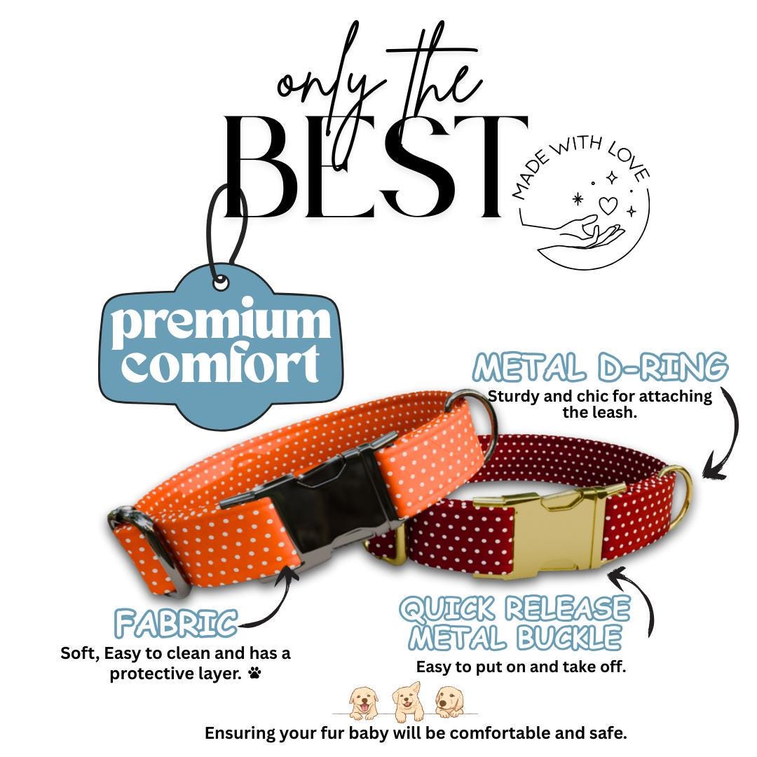 Personalized Polka Dot Dog Collar with Name Engraved Cute and Soft Polka Dot Designs Adjustable Collar & Leash Set Pet Tag Dog Gift (OG-143)