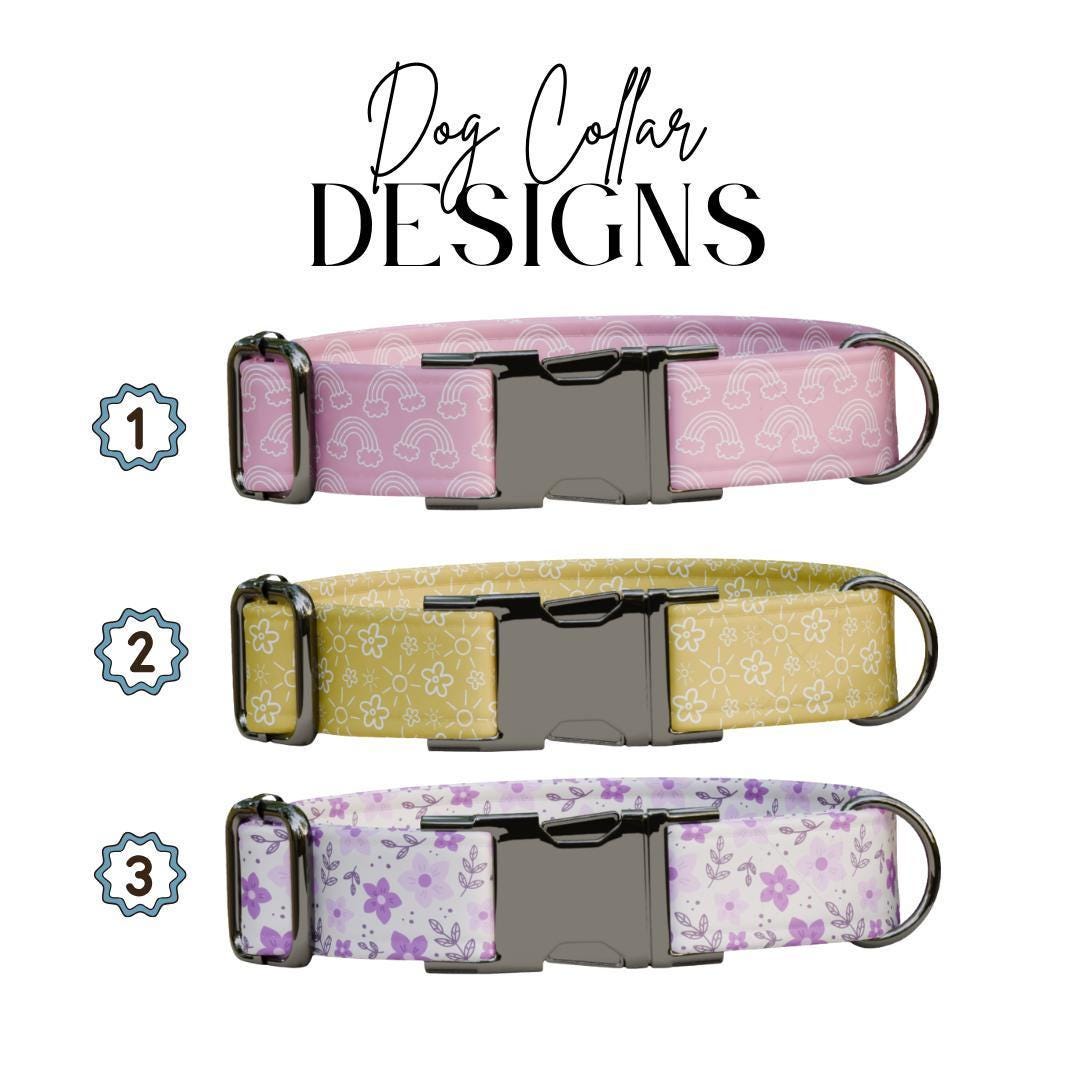 Personalized Floral and Rainbow Dog Collar with Name Engraved Cute & Soft Adjustable Collar Leash Set Unique Pastel Pet Dog Tag Gift (OG-80)