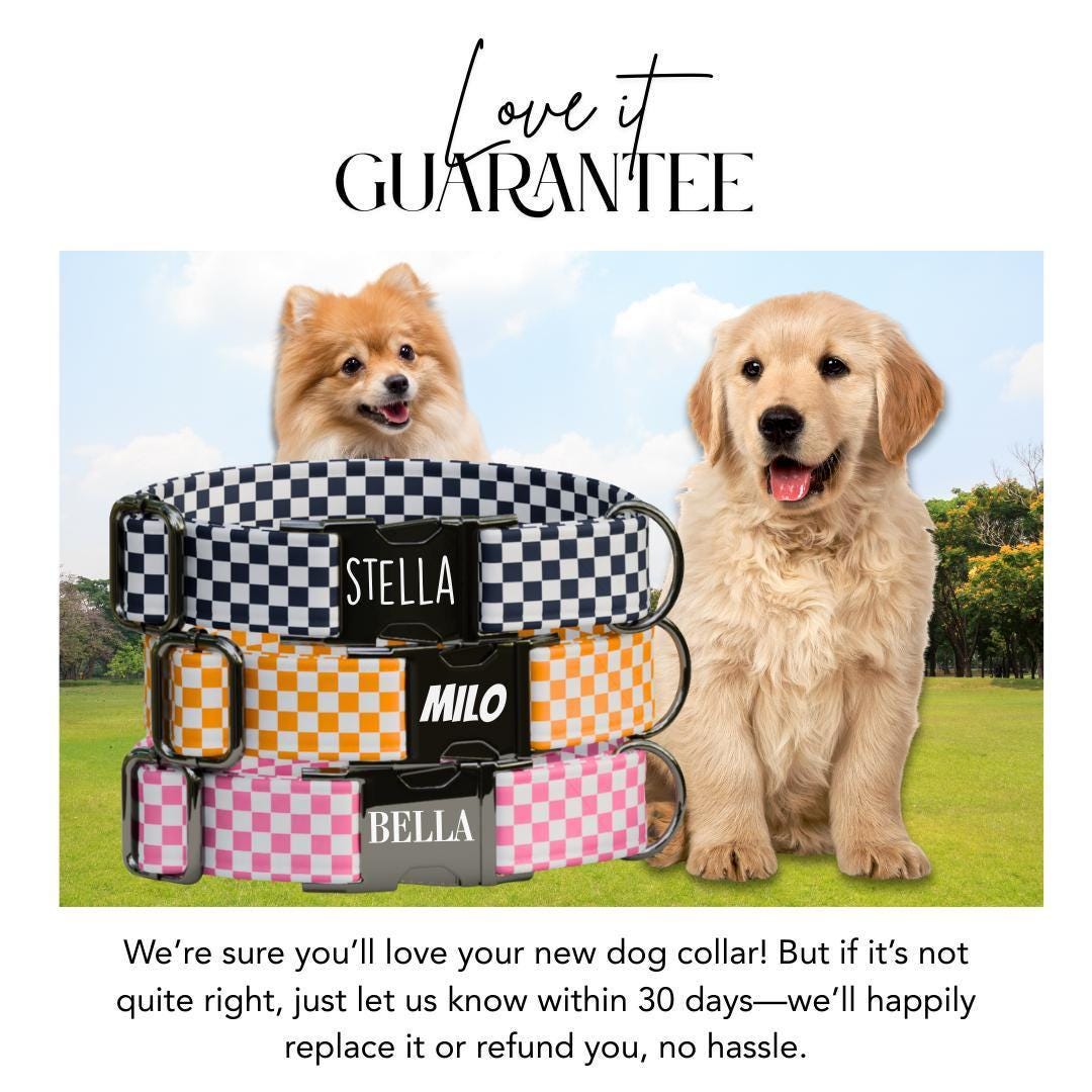 Personalized Checkered Flag Dog Collar with Name Engraved Cute and Soft Adjustable Collar & Leash Set Black or Gold Buckle Dog Gift (OG-90)