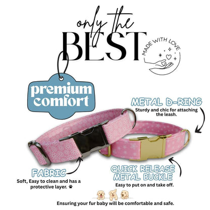 Personalized Pink Floral Dog Collar with Name Engraved, Cute and Soft Adjustable Collar & Leash Set, Black or Gold Buckle, Dog Gift (OG-01)