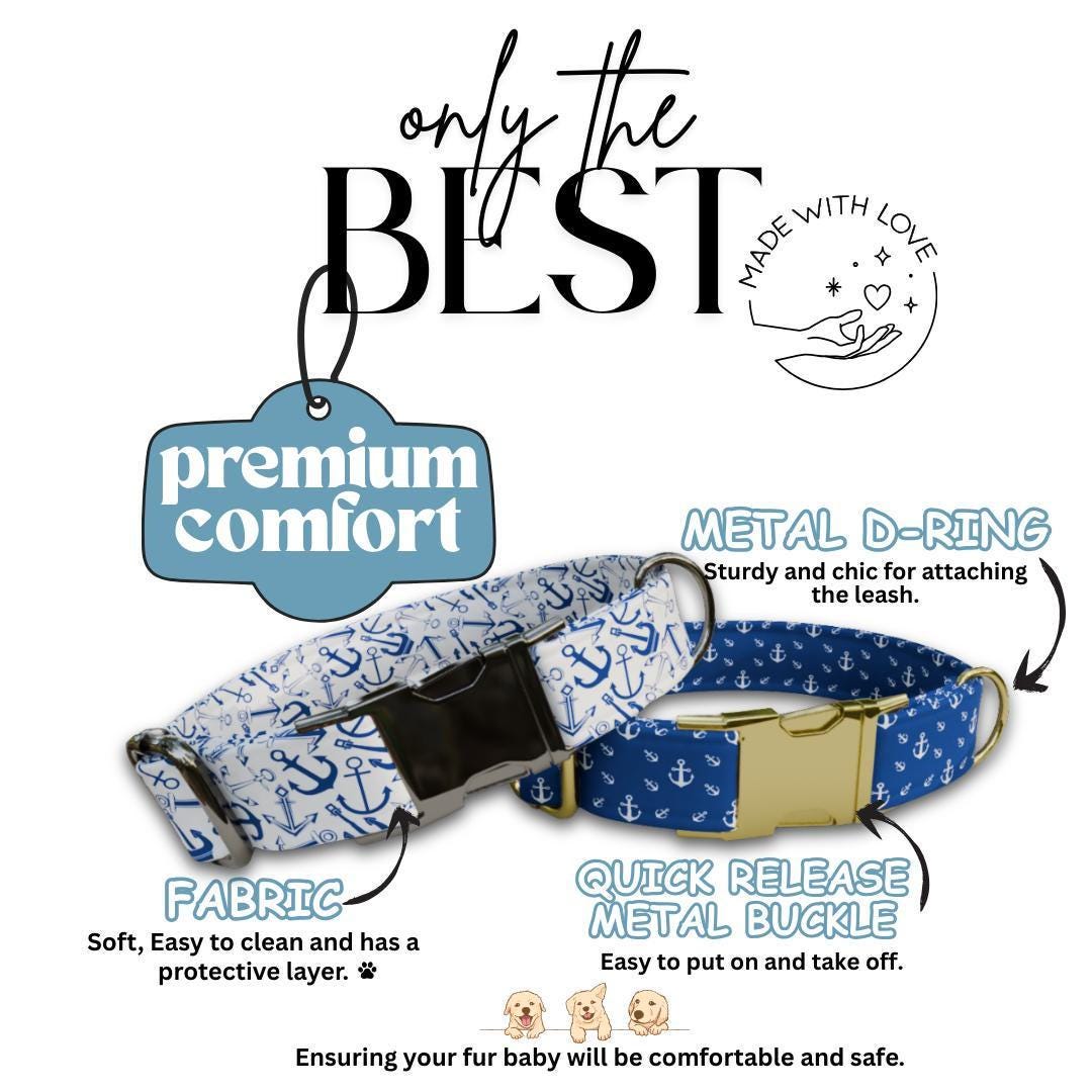 Personalized Nautical Dog Collar with Name Engraved Cute and Soft Anchor Adjustable Collar & Leash Set Black / Gold Buckle Dog Gift (OG-105)