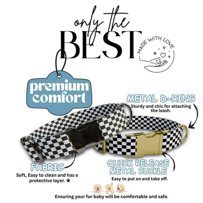 Personalized Checkered Flag Dog Collar with Name Engraved Cute and Soft Adjustable Collar & Leash Set Black or Gold Buckle Dog Gift (OG-42)