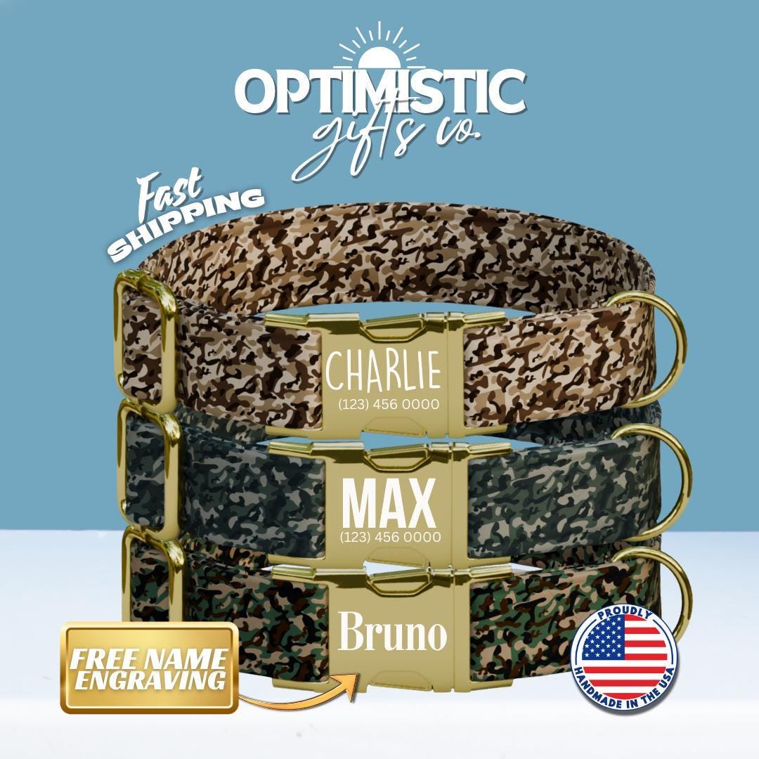 Personalized Camouflage Dog Collar with Name Engraved Cute & Soft Military Style Adjustable Collar Leash Set Wedding Dog Tag Gift (OG-53)