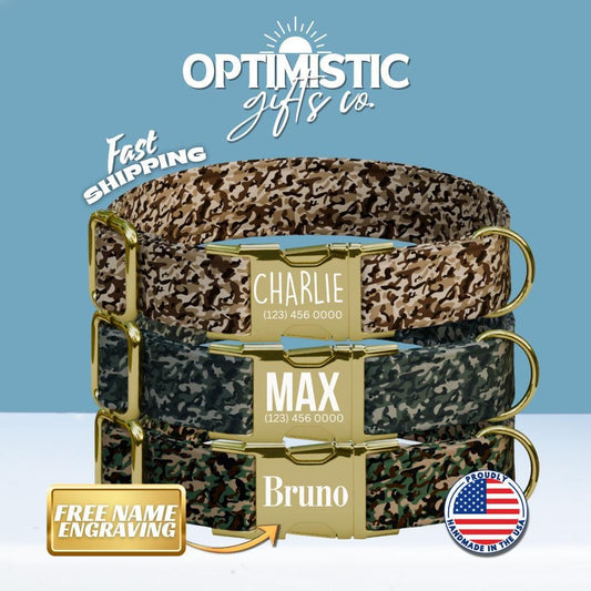 Personalized Camouflage Dog Collar with Name Engraved Cute & Soft Military Style Adjustable Collar Leash Set Wedding Dog Tag Gift (OG-53)