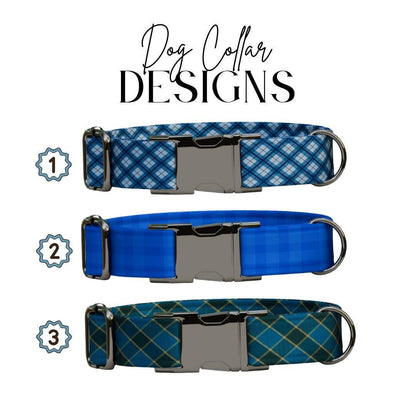 Personalized Blue Plaid Dog Collar with Name Engraved, Cute and Soft Adjustable Collar & Leash Set, Black or Gold Buckle, Dog Gift (OG-05)
