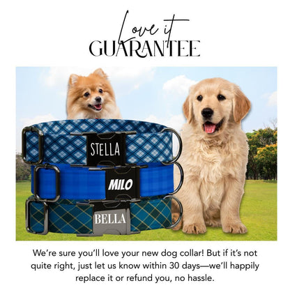 Personalized Blue Plaid Dog Collar with Name Engraved, Cute and Soft Adjustable Collar & Leash Set, Black or Gold Buckle, Dog Gift (OG-05)