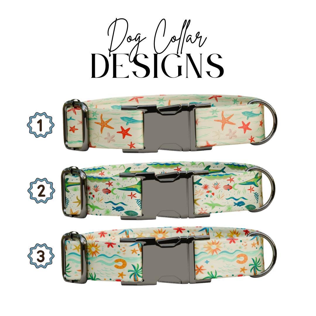 Personalized Ocean Life Dog Collar with Name Engraved Cute and Soft Sports Adjustable Collar & Leash Set Black Gold Buckle Dog Gift (OG-118)