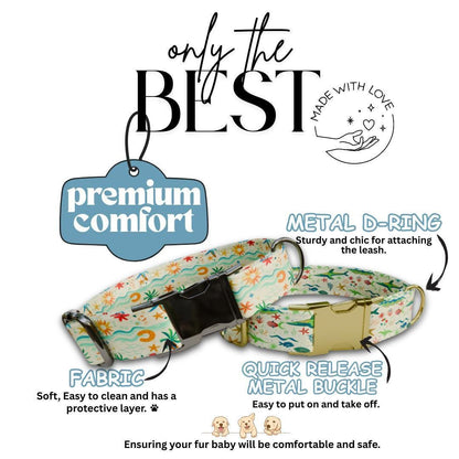 Personalized Ocean Life Dog Collar with Name Engraved Cute and Soft Sports Adjustable Collar & Leash Set Black Gold Buckle Dog Gift (OG-118)