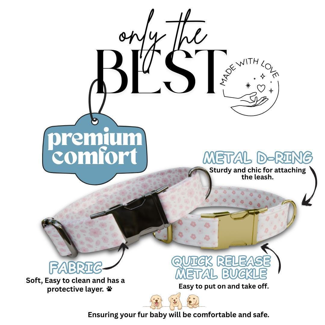 Personalized Pink Floral Dog Collar with Name Engraved, Cute and Soft Adjustable Collar & Leash Set, Black or Gold Buckle, Dog Gift (OG-02)