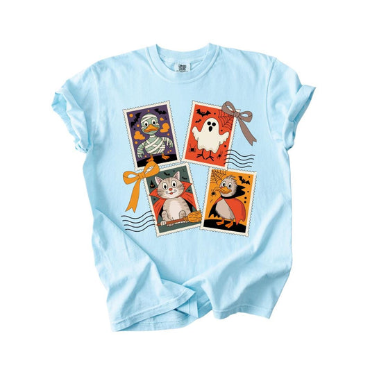 Vintage Halloween Postage Stamp T-Shirt Comfort Colors Cute Spooky Cat Ghost Duck Penguin Tee Retro Halloween Shirt Fall Halloween Outfit